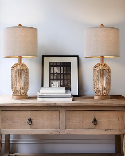 OYEARS 21" Boho Table Lamps Set of 2 for Living Room, Bedside Lamps for Nightstand, Rattan Lamp for Bedroom, Farmhouse Table Lamps for Boho Decor, End Table, Retro, Brown - LeafyLoom