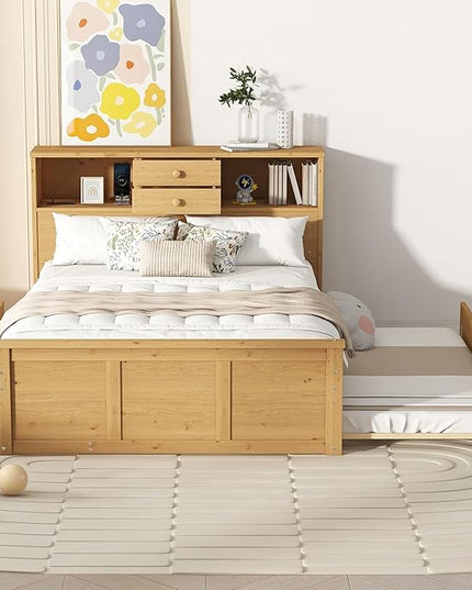 Full Size Wood Pltaform Trundle and 3 Drawers/Upper Shelves,Multifunctional Storage Bed Frame,W/a Set of USB Ports & Sockets,for Apartment,Bedroom,Living Room,Natural - LeafyLoom