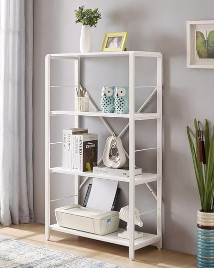 Rustic Bookshelf and Bookcase, Industrial Metal and Wood Book Shelves, 4-tier Shelving Unit for Living Room Bedroom, White Oak - LeafyLoom