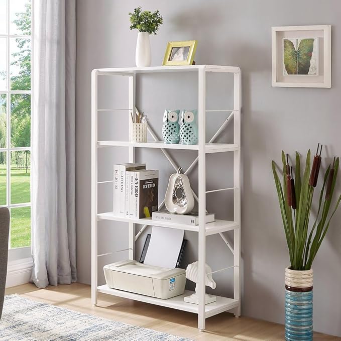 Rustic Bookshelf and Bookcase, Industrial Metal and Wood Book Shelves, 4-tier Shelving Unit for Living Room Bedroom, White Oak - LeafyLoom