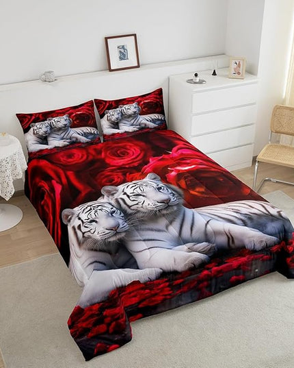 Tiger Comforter Set Full, Red Rose Down Comforter Kids Girls Women,Red Image of Large Cat Playing with Water Cool Nature Animal Quilted Duvet Insert Gorgeous Floral Flower Bedding Comforters,Brown - LeafyLoom