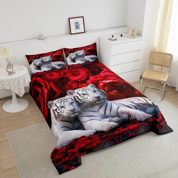 Tiger Comforter Set Full, Red Rose Down Comforter Kids Girls Women,Red Image of Large Cat Playing with Water Cool Nature Animal Quilted Duvet Insert Gorgeous Floral Flower Bedding Comforters,Brown - LeafyLoom