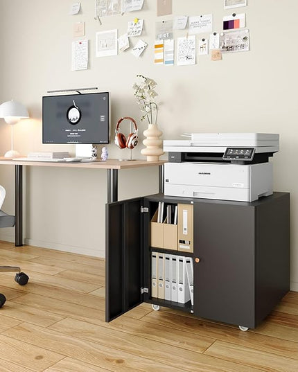 Mobile Mobile Printer Stand with Storage, Lateral Filing Cabinet with Adjustable Shelf, Under Desk Black Small Rolling Printer Table Work Cart with Wheels Organizer Spaces for Office - LeafyLoom
