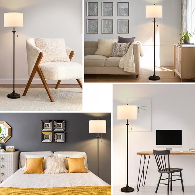 Luvkczc Modern Floor Lamp, 60" Standing Lamp for Living Room with Fabric Lamp Shade&Pull Chain, Corner Tall Reading Light for Bedroom, Office, Dining Room, Farmhouse (bulb included) Black - LeafyLoom