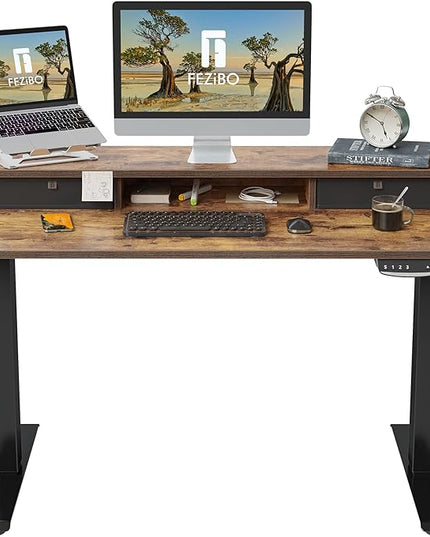 FEZIBO 40 x 24 Inch Height Adjustable Electric Standing Desk with Double Drawer, Stand Up Desk with Storage Shelf, Sit Stand Desk, Rustic Brown - LeafyLoom