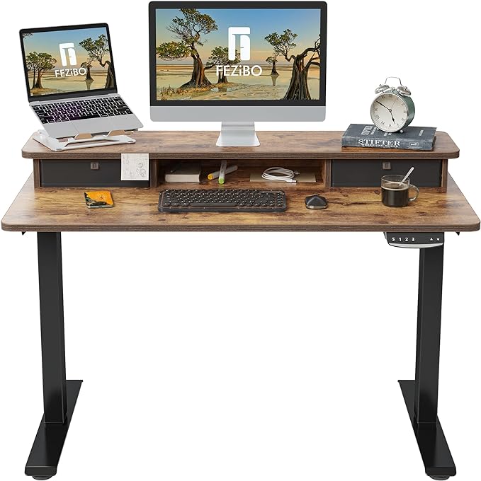 FEZIBO 40 x 24 Inch Height Adjustable Electric Standing Desk with Double Drawer, Stand Up Desk with Storage Shelf, Sit Stand Desk, Rustic Brown - LeafyLoom