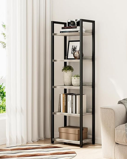 NUMENN Narrow Bookshelf, 5 Tier Bookshelves, Home Office Bookcase Shelf Storage Organizer, Free Standing Storage Shelving Unit for Bedroom, Living Room and Home Office, Grey - LeafyLoom