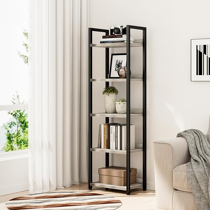 NUMENN Narrow Bookshelf, 5 Tier Bookshelves, Home Office Bookcase Shelf Storage Organizer, Free Standing Storage Shelving Unit for Bedroom, Living Room and Home Office, Grey - LeafyLoom