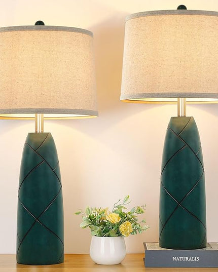 26" Tall Table Lamps for Living Room Set of 2, Modern Green Lamps for Bedrooms, Farmhouse Rustic Bedside Nightstand Lamps, Large End Table Lamps for Office Kids Room Study Room - LeafyLoom