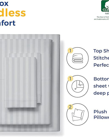 THREAD SPREAD Luxury Egyptian Cotton California King Stripe Sheet Set, 600 Thread Count Extra Long Staple 4 PC Set, Cal King Stripe Sheets, Soft, Cooling Striped Sheets Upto 18" Deep Pocket - Silver - LeafyLoom