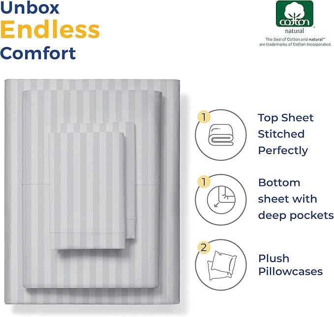 THREAD SPREAD Luxury Egyptian Cotton California King Stripe Sheet Set, 600 Thread Count Extra Long Staple 4 PC Set, Cal King Stripe Sheets, Soft, Cooling Striped Sheets Upto 18" Deep Pocket - Silver - LeafyLoom