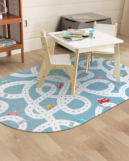 LIVEBOX Large Washable Kids Rug, 4'x6' Non-Slip Car Road Rug for Playroom, Fun Kids Room Rugs for Bedroom, Blue Road Carpet Indoor Kids Play Mat for Toy Room Toddler Room Classroom - LeafyLoom