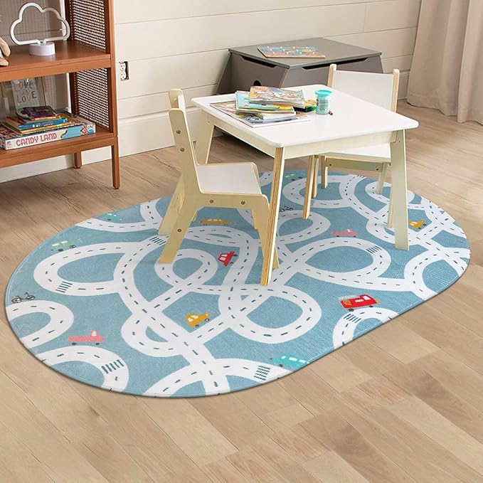 Large Kids Playroom Rug, 4'x6' Washable Road Rug for Nursery, Non-Slip Fun Area Rug for Kids Room, Blue Car Rug Play Mat Soft Baby Carpet for Boys Girls Dorm Toy Room Tent - LeafyLoom