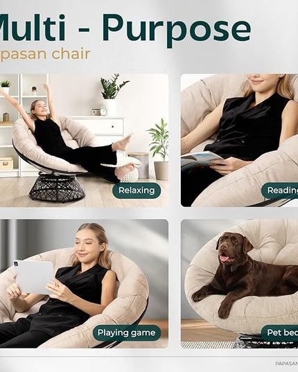 Bme 40" Ergonomic Wicker Papasan Chair with Soft Thick Density Fabric Cushion, High Capacity Steel Frame, 360 Degree Swivel for Living, Bedroom, Reading Room, Lounge, Sepia Sand - Black Base - LeafyLoom