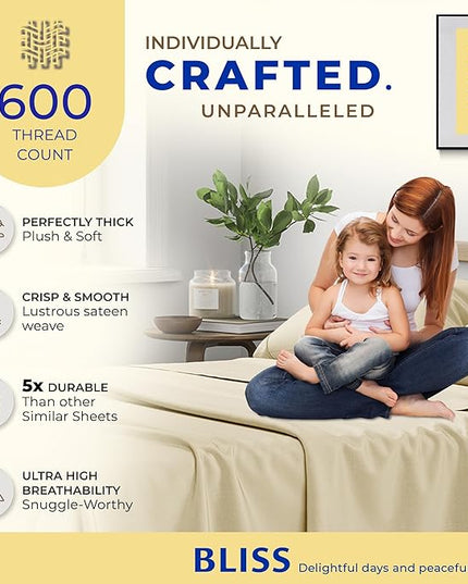 THREAD SPREAD 100% Egyptian Cotton Sheets California King Size - 600 Thread Count 4 PC Luxury Sheets Cal King Size, Soft, Cooling Hotel Luxury Bed Sheets & Pillowcases, Fits Mattress upto 18" - Sand - LeafyLoom