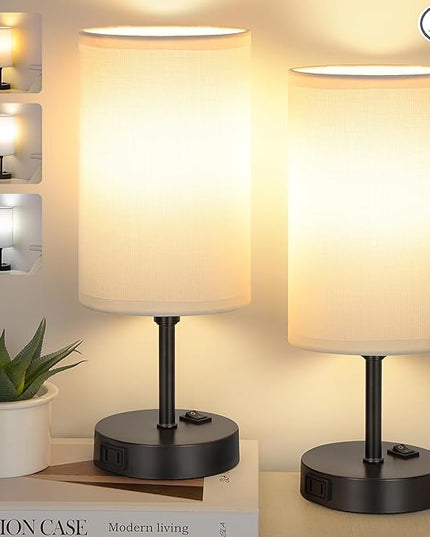 GGOYING Bedside Table Lamp,3-Color Temperature Table Lamp with 2700K/3500K/5000K LED Bulb and AC Outlet, Small Lamp with Round White Fabric Shade for Bedroom - LeafyLoom