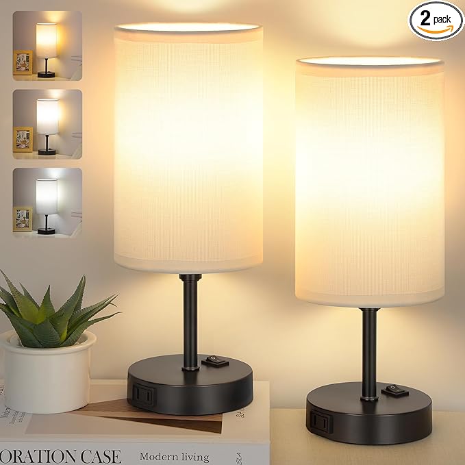 GGOYING Bedside Table Lamp,3-Color Temperature Table Lamp with 2700K/3500K/5000K LED Bulb and AC Outlet, Small Lamp with Round White Fabric Shade for Bedroom - LeafyLoom