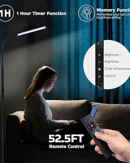Dimunt LED Floor Lamp, Bright 15W Floor Lamps for Living Room with 1H Timer, Stepless Adjustable 3000K-6000K Colors & Brightness Standing Lamp with Remote & Touch Control Reading Floor Lamps - LeafyLoom