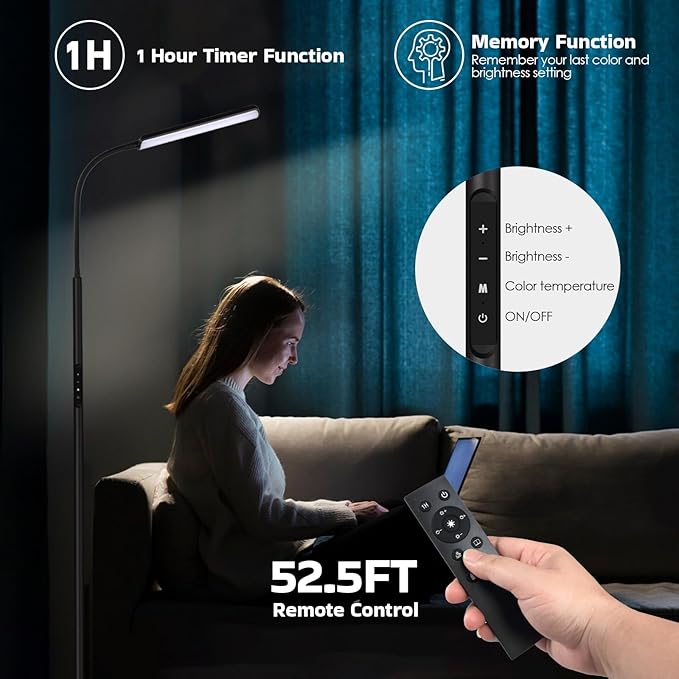 Dimunt LED Floor Lamp, Bright 15W Floor Lamps for Living Room with 1H Timer, Stepless Adjustable 3000K-6000K Colors & Brightness Standing Lamp with Remote & Touch Control Reading Floor Lamps - LeafyLoom