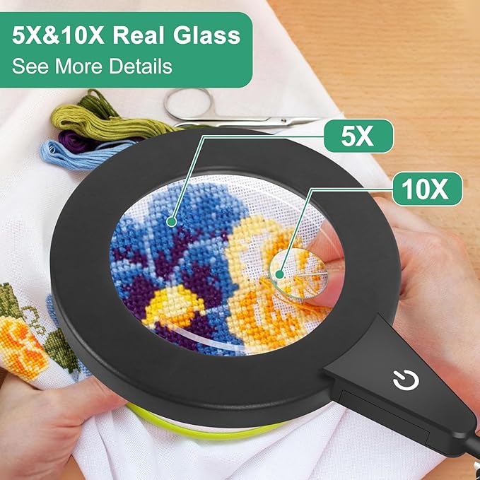 5X & 10X Magnifying Glass with Light and Stand, NAKOOS 2-in-1 Magnifying Lamp with Clamp, 3 Color Modes Touch Control Stepless Dimmable Magnifiers with Stand for Soldering DIY and Close Work - LeafyLoom