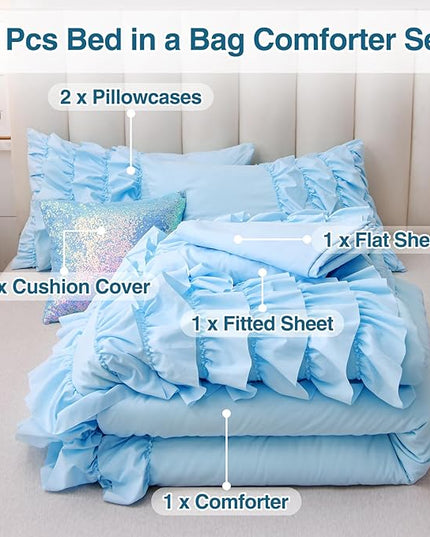 A Nice Night Waterfall Flutter Ruffle Comforter Set,Ruffled Textured Soft Chic Princess 6pcs Bedding Set,with Bling Shiny Sequin Throw Pillow Case,Blue,Full - LeafyLoom