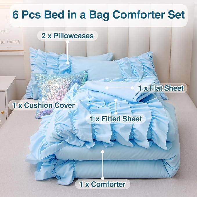 A Nice Night Waterfall Flutter Ruffle Comforter Set,Ruffled Textured Soft Chic Princess 6pcs Bedding Set,with Bling Shiny Sequin Throw Pillow Case,Blue,Queen - LeafyLoom