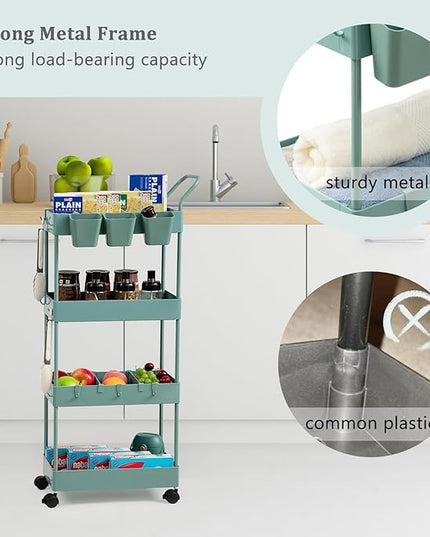 danpinera Slim Storage Cart on Wheels, 4 Tier Narrow Laundry Cart with Hooks Hanging Cups Dividers Mobile Rolling Lash Cart with Handle for Bathroom Small Spaces, Green - LeafyLoom