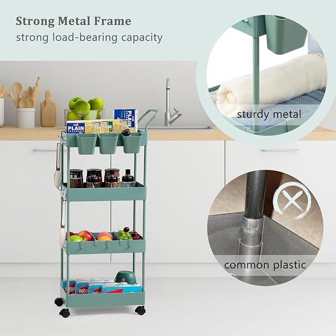 danpinera Slim Storage Cart on Wheels, 4 Tier Narrow Laundry Cart with Hooks Hanging Cups Dividers Mobile Rolling Lash Cart with Handle for Bathroom Small Spaces, Green - LeafyLoom