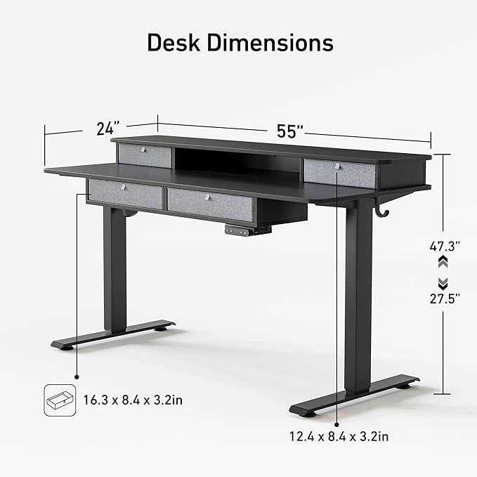FEZIBO Sturdy Height Adjustable Electric Standing Desk with Drawers, 55 x 24 Inch Stand Up Table with Large Storage Shelf, Sit Stand Desk, Black Top - LeafyLoom