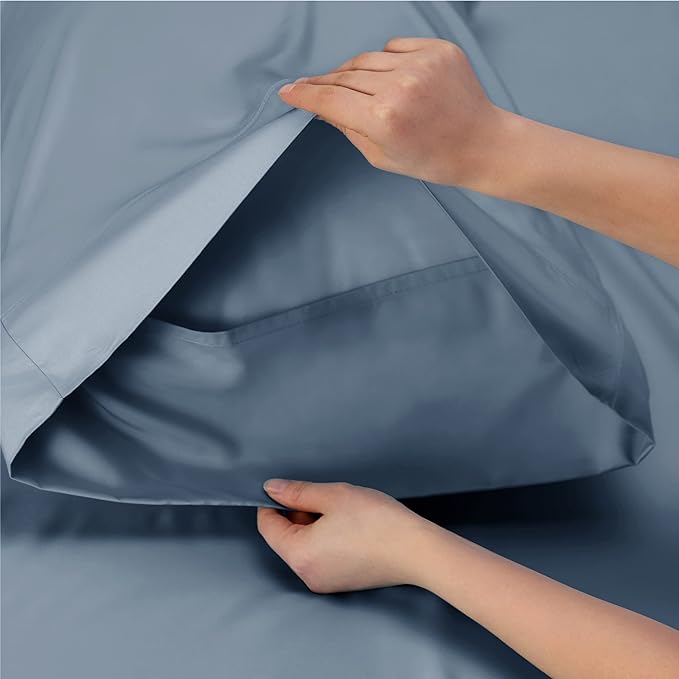 Bedsure Queen Sheets, Rayon Derived from Bamboo, Queen Cooling Sheet Set, Deep Pocket Up to 16", Breathable & Soft Bed Sheets, Hotel Luxury Silky Bedding Sheets & Pillowcases, Mineral Blue - LeafyLoom