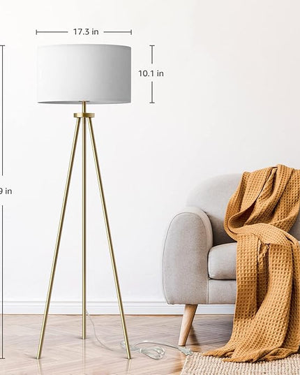 Tripod Floor Lamps for Living Room, Modern Standing Lamp with Drum Shade, Simple Industrial Tall Lamp, 9W LED Bulb Included - Brass - LeafyLoom