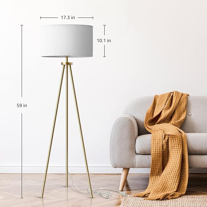 Tripod Floor Lamps for Living Room, Modern Standing Lamp with Drum Shade, Simple Industrial Tall Lamp, 9W LED Bulb Included - Brass - LeafyLoom