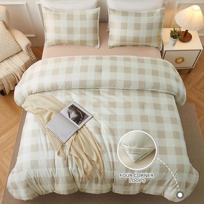 Andency Beige Grid Comforter Set Twin Size (66x90 Inch), 2 Pieces(1 Grid Comforter and 1 Pillowcase), Summer Lightweight Microfiber Down Alternative Beige Comforter for Kids Girls - LeafyLoom