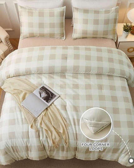 Andency Beige Grid Comforter Set Queen Size (90x90 Inch), 3 Pieces(1 Grid Comforter and 2 Pillowcases), Summer Lightweight Microfiber Down Alternative Beige Comforter - LeafyLoom