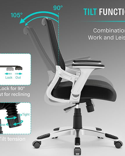 Ergonomic Office Desk Chair, Mesh Computer Gaming Chair with Adjustable Flip-Up Arms, Lumbar Support, Tilt Function, Comfy Wide Seat, Swivel Wheel, Sturdy Big and Tall Task Chairs for Adults Students - LeafyLoom