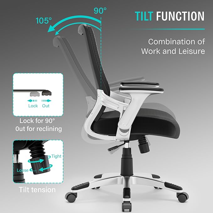 Ergonomic Office Desk Chair, Mesh Computer Gaming Chair with Adjustable Flip-Up Arms, Lumbar Support, Tilt Function, Comfy Wide Seat, Swivel Wheel, Sturdy Big and Tall Task Chairs for Adults Students - LeafyLoom