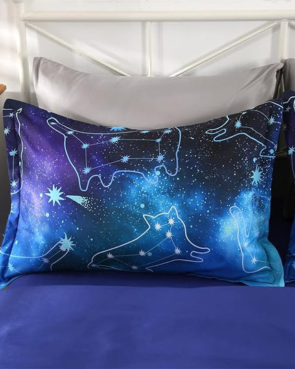 Wowelife 5 Piece Galaxy Space Cat Bedding Comforter Set Queen Constellation Bedding Set Blue Kids Bedding Set Bed in a Bag for Boys and Girls with Comforter, Flat Sheet, Fitted Sheet and 2 Pillowcases - LeafyLoom