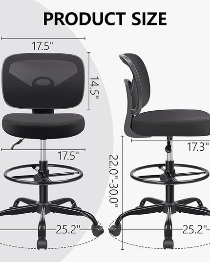 Primy Office Drafting Chair Armless, Tall Office Desk Chair Adjustable Height and Footring, Mid-back Ergonomic Standing Desk Chair Mesh Rolling Tall Chair for Art Room, Office or Home(Black) - LeafyLoom