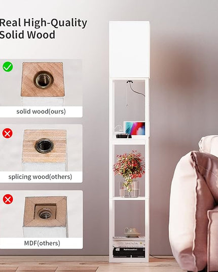 SUNMORY Dimmable Floor Lamp with Shelves,Modern Solid Wood Standing Lamp with 1 Drawer and 2 USB Ports & 2 Power Outlet,Corner Tall Bookshelf Lamp for Living Room and Bedroom(White) - LeafyLoom
