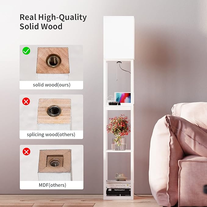 SUNMORY Dimmable Floor Lamp with Shelves,Modern Solid Wood Standing Lamp with 1 Drawer and 2 USB Ports & 2 Power Outlet,Corner Tall Bookshelf Lamp for Living Room and Bedroom(White) - LeafyLoom