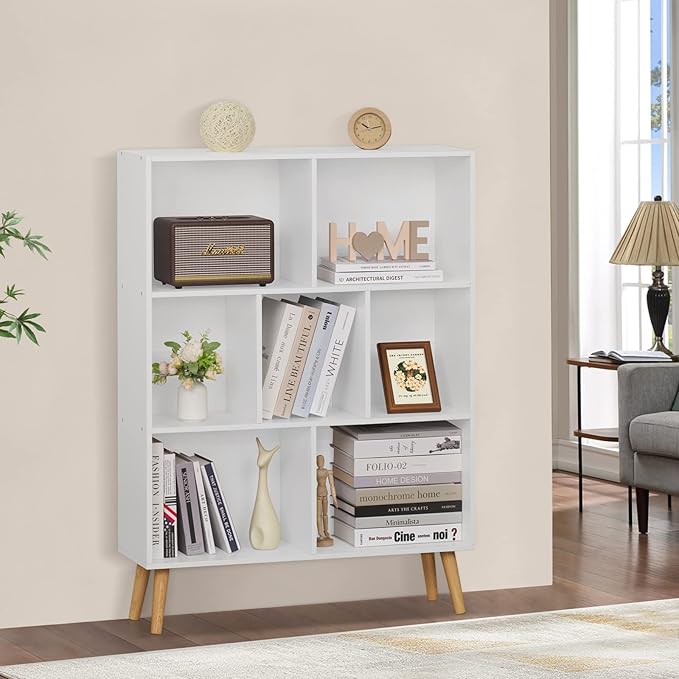 YAHARBO White Bookshelf,3 Tier Book Shelf with Legs, 7 Cube Minimalist Bookcase,Storage Organizer Shelves Display Bookcases for Bedroom,Living Room - LeafyLoom