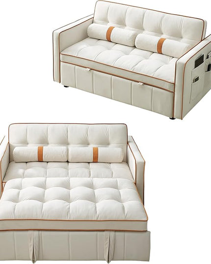 3 in 1 Tufted Sleeper Sofa Cylindrical Pillows,Modern Convertible Loveseat Sofá W Pull Out Sleep Couch Bed and Side Pockets,Velvet Upholstered Love Seat Sofabed for Living Room, 55.5", Beige1 - LeafyLoom