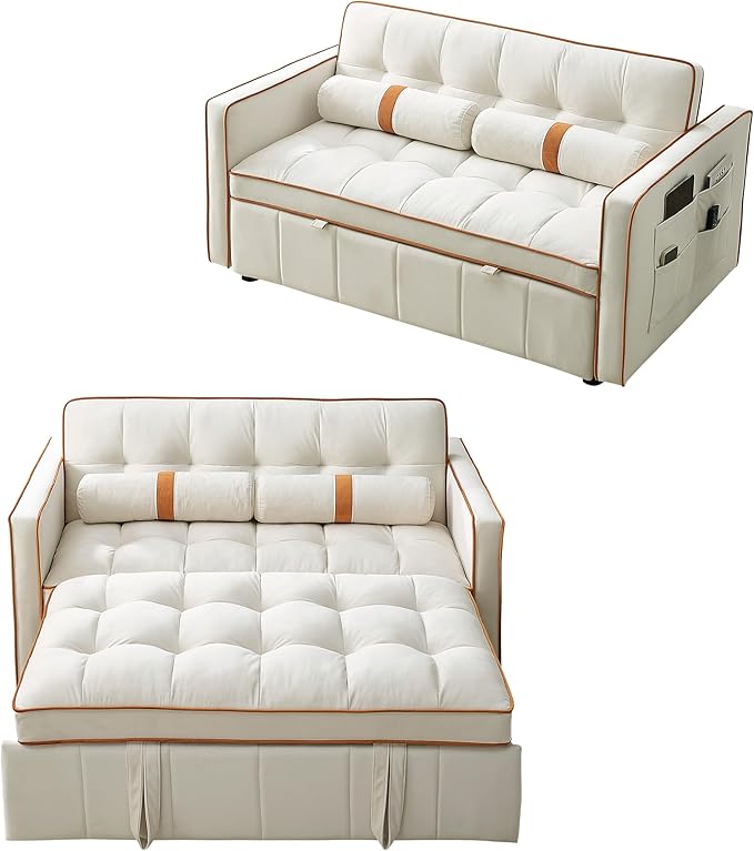 3 in 1 Tufted Sleeper Sofa Cylindrical Pillows,Modern Convertible Loveseat Sofá W Pull Out Sleep Couch Bed and Side Pockets,Velvet Upholstered Love Seat Sofabed for Living Room, 55.5", Beige1 - LeafyLoom
