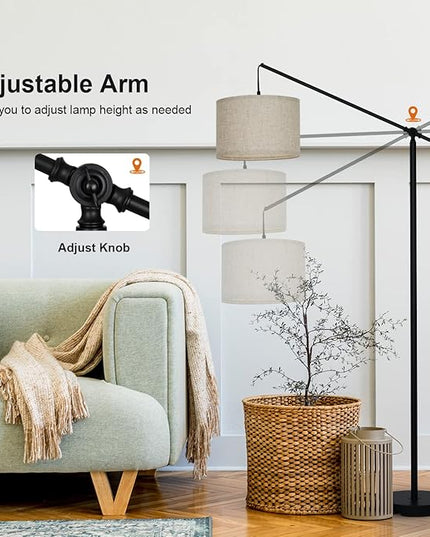 SURAIELEC Arc Floor Lamp, Overhang Cantilever Standing Floor Lamp for Couch, Sofa, Reading, Living Room, Bedroom, Adjustable Balance Arm, Natural Linen Drum Shade, Matt Black Metal Pole, Foot Switch - LeafyLoom