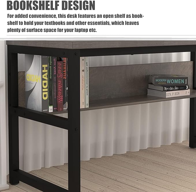 TOPSKY Computer Desk with Bookshelf/Metal Hole Cable Cover 1.18" Thick Desk (Light Walnut, 55") - LeafyLoom