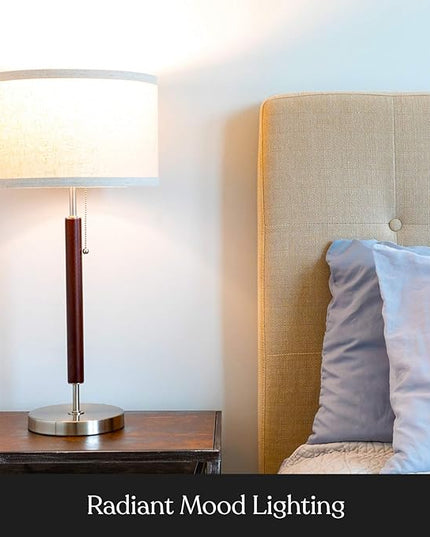 Brightech Carter LED Bedside Lamp - Compact Table & Desk Reading Lamp for Bedroom, Living Room, Office - Modern Nightstand & Side Lamp with Soft Ambient Light - Stainless Steel & Wood Finish - LeafyLoom