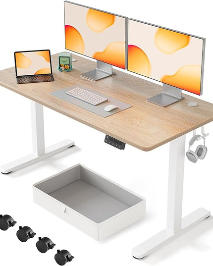 FEZIBO 55 x 24 Inches Standing Desk with Drawer, Adjustable Height Electric Stand up Desk with Storage, Sit Stand Home Office Desk, Ergonomic Computer Desk, Maple - LeafyLoom