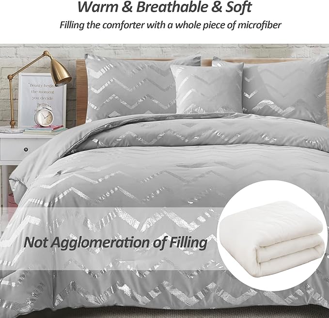 Grey and Silver Comforter Set Twin Size Metallic Print Geometric Bedding Set Lightweight Microfiber Comforter for Teen Girls Boys Women (1 Pillow Sham + 1 Decorative Pillow Sham) - LeafyLoom