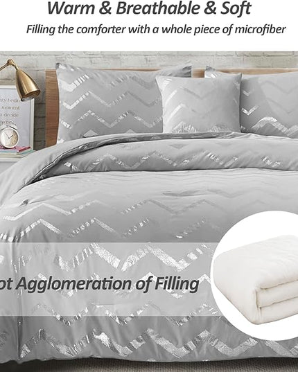 Grey and Silver Comforter Set Queen Metallic Print Geometric Bedding Set, 4 Pieces Lightweight Microfiber Bed Set for Teen Kids Boys (2 Pillow Shams + 1 Decorative Pillow Sham) - LeafyLoom