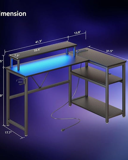 L Shaped Gaming Desk with Power Outlets & LED Strip Lights,Computer desk with Large Monitor Stand,Corner Desk with Storage Shelf,Headphone Hook&Cup Holder for Home Office - LeafyLoom
